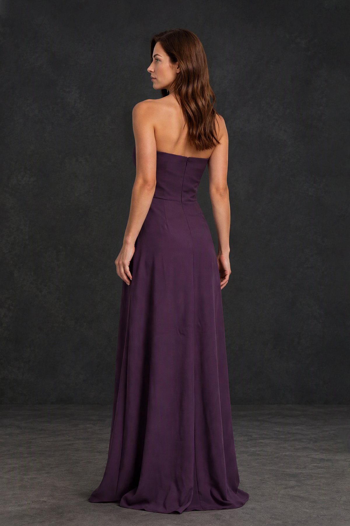 BOLODOO XX073 plum strapless floor-length gown with exposed upper back, rear view