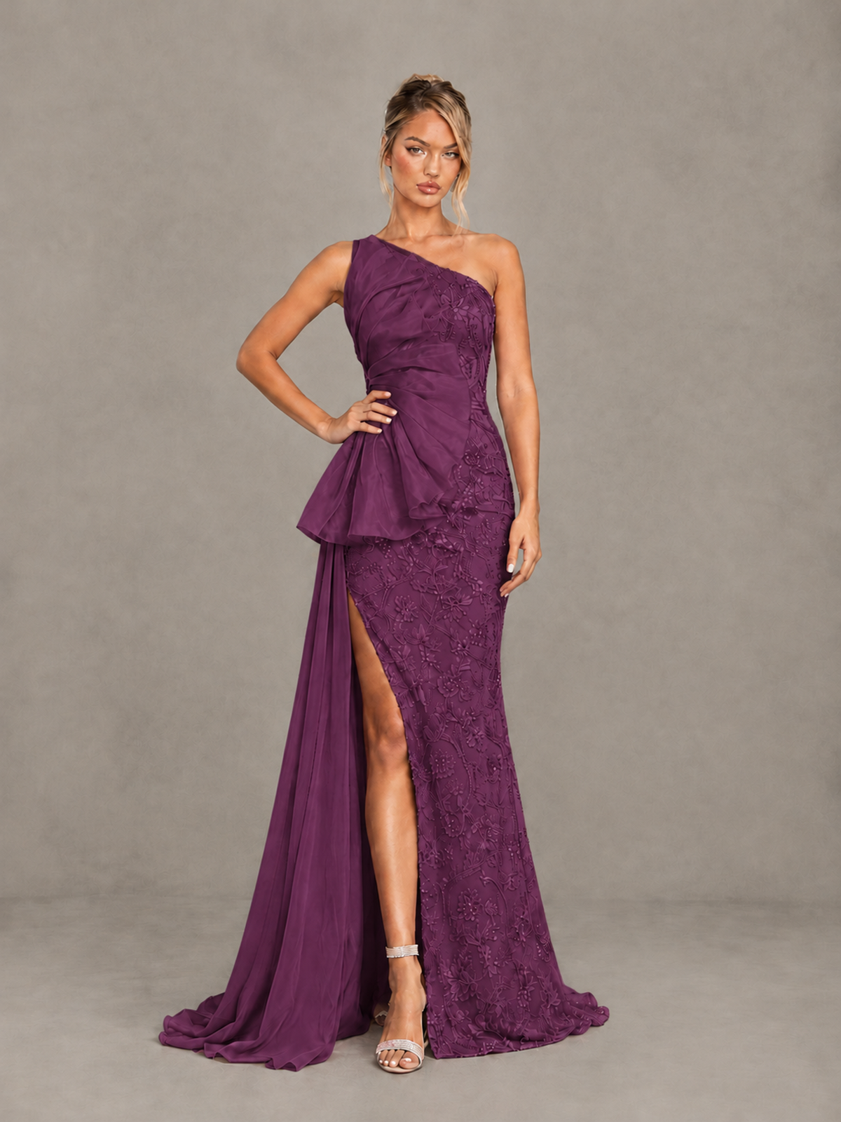 BOLODOO Plum One-Shoulder Floral Lace Evening Gown with High Slit 