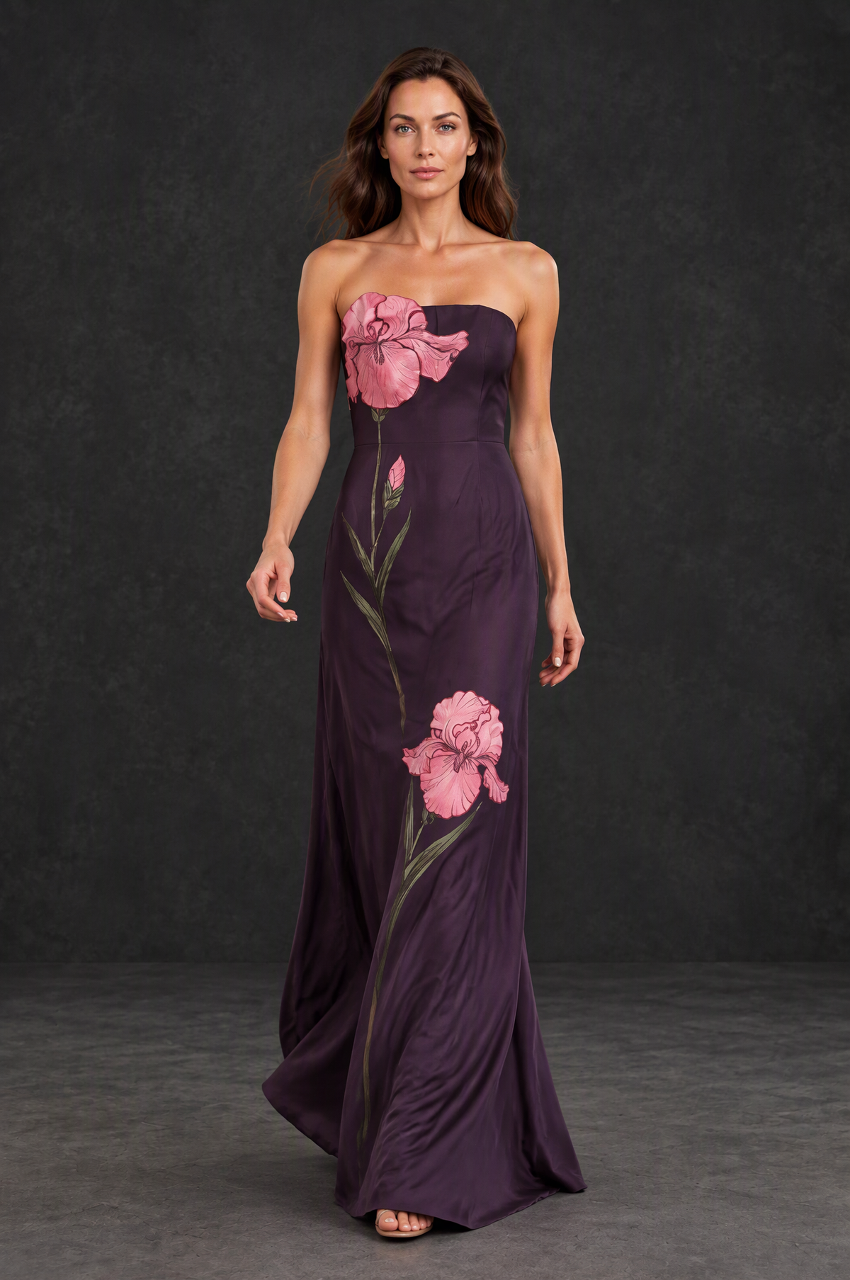 BOLODOO XX073 plum floral mother of the bride gown, walking front view