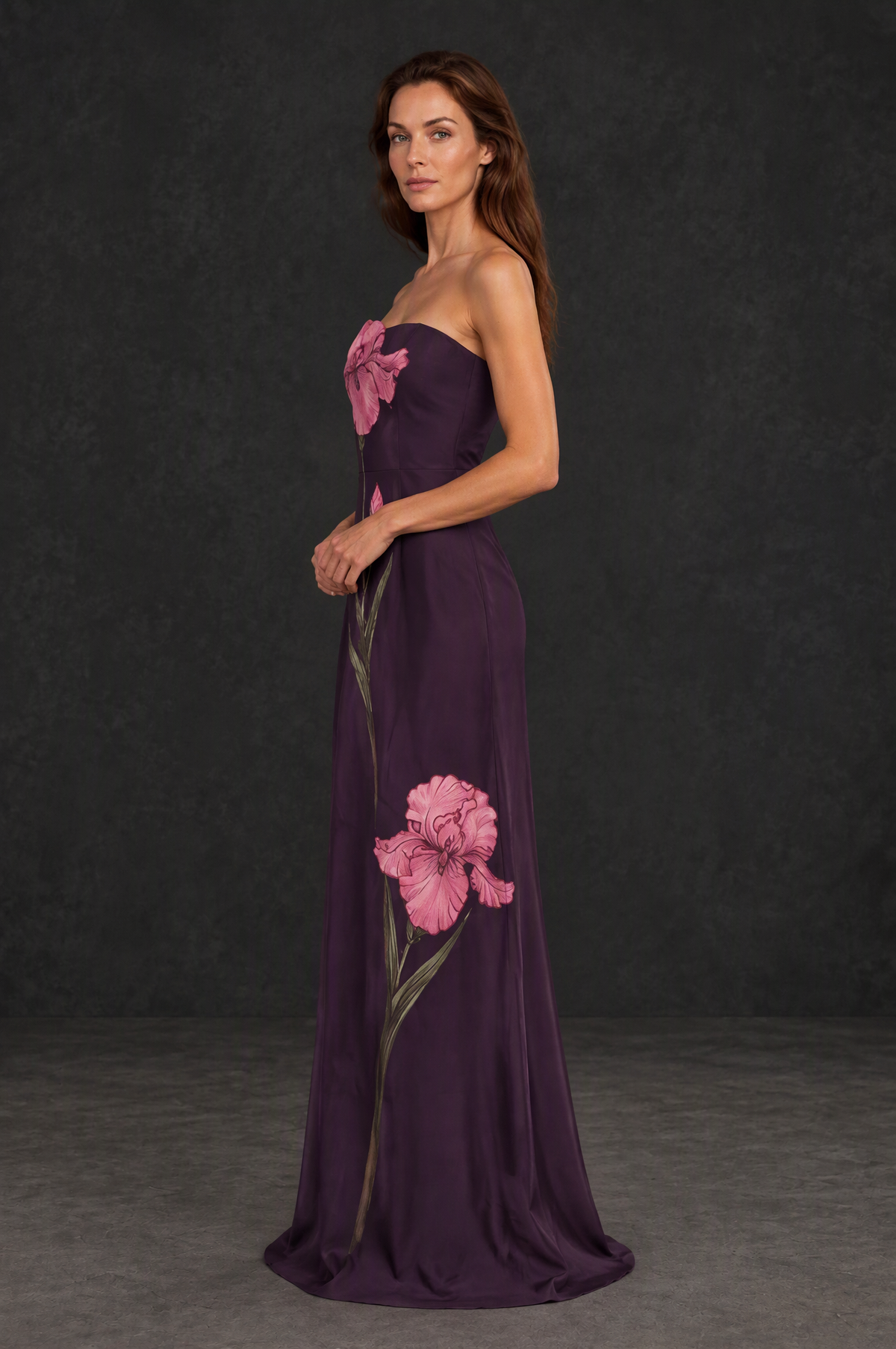 BOLODOO XX073 plum strapless floral gown with flowing skirt, side view
