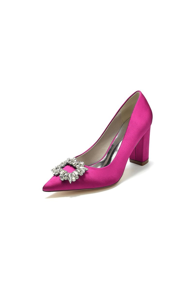 Pointed Toe Block Heels with Rhinestone - BOLODOO
