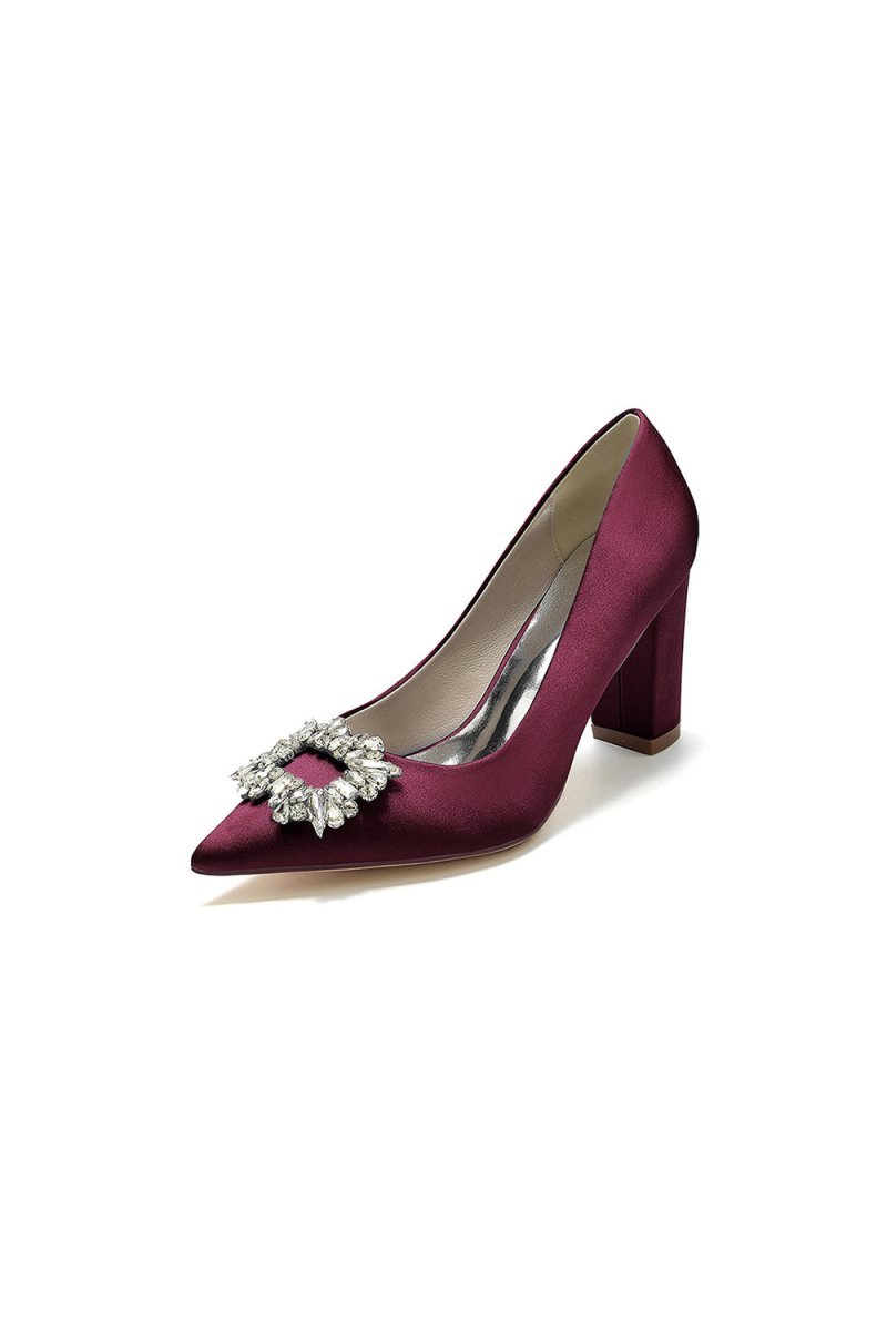 Pointed Toe Block Heels with Rhinestone - BOLODOO