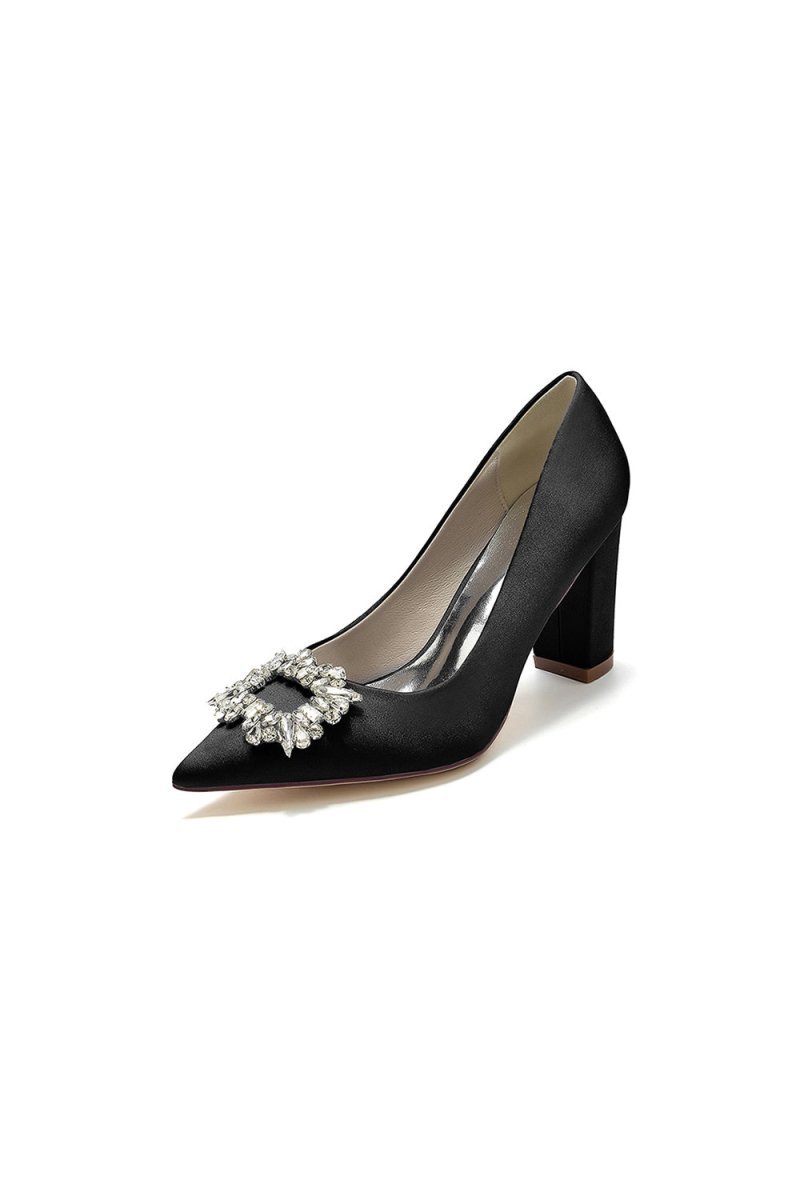 Pointed Toe Block Heels with Rhinestone - BOLODOO