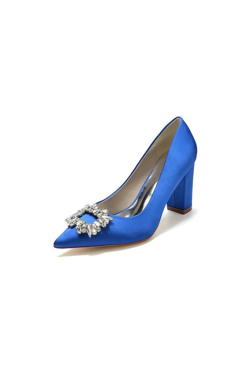Pointed Toe Block Heels with Rhinestone - BOLODOO