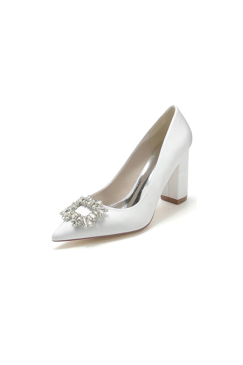 Pointed Toe Block Heels with Rhinestone - BOLODOO