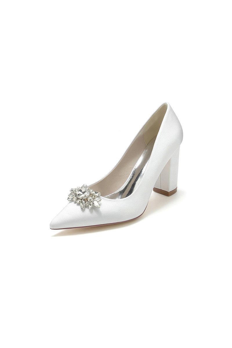 Pointed Toe Chunky Heels with Rhinestone - BOLODOO