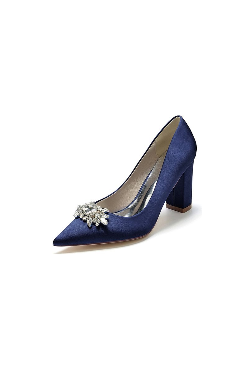 Pointed Toe Chunky Heels with Rhinestone - BOLODOO