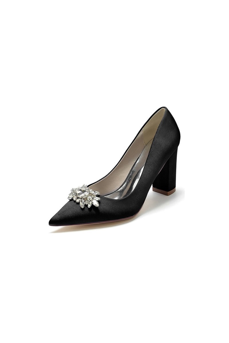 Pointed Toe Chunky Heels with Rhinestone - BOLODOO