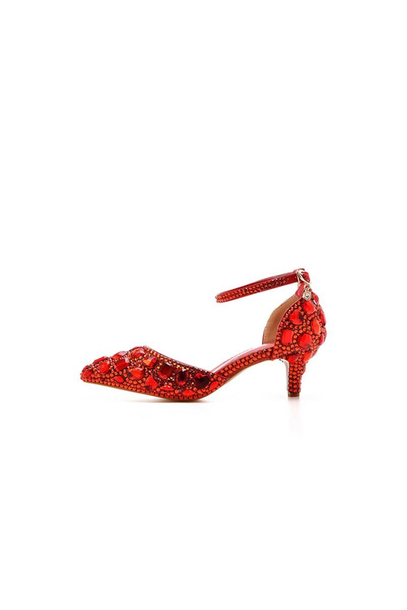 Pointed Toe Crystal Diamond  Ankle Strap Kitten Heels