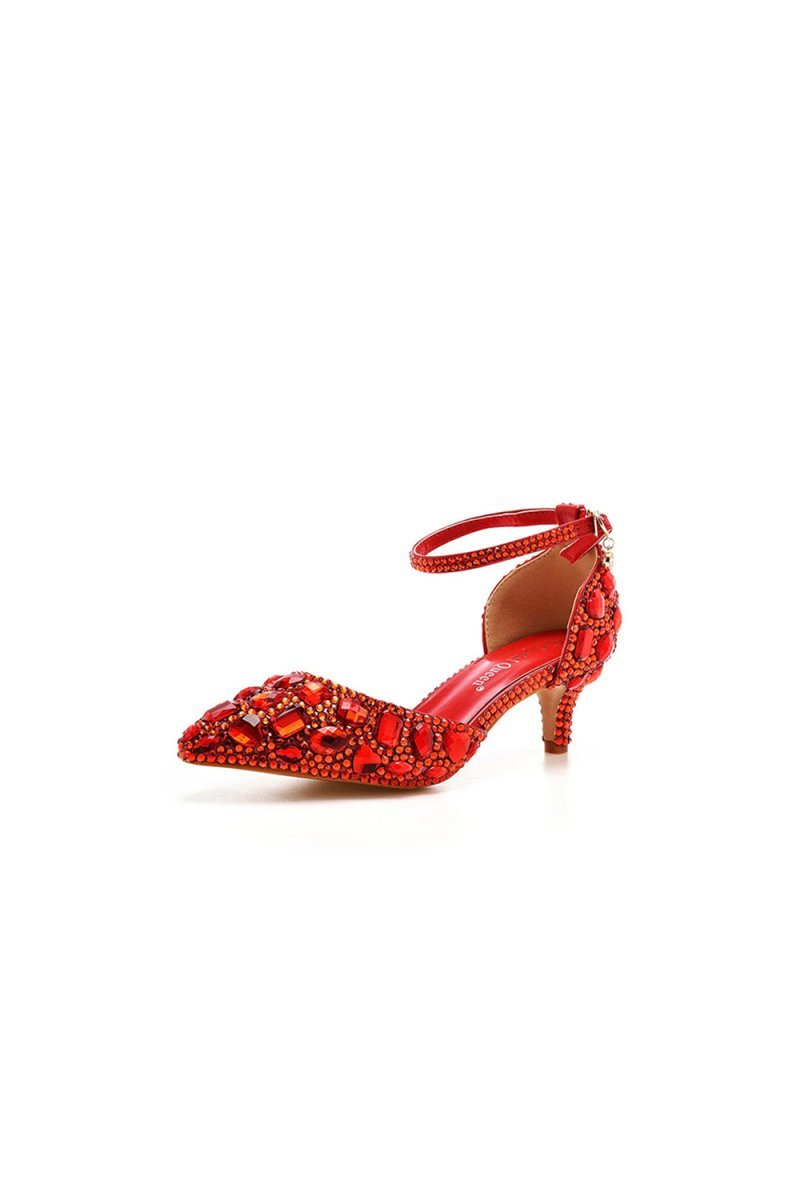 Pointed Toe Crystal Diamond Ankle Strap Kitten Heels - BOLODOO