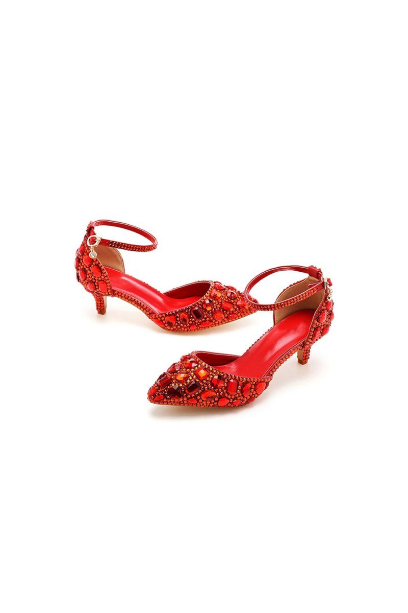 Pointed Toe Crystal Diamond  Ankle Strap Kitten Heels
