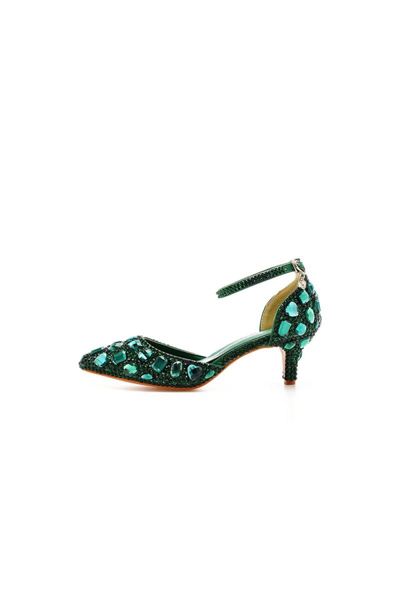 Pointed Toe Crystal Diamond Ankle Strap Kitten Heels - BOLODOO