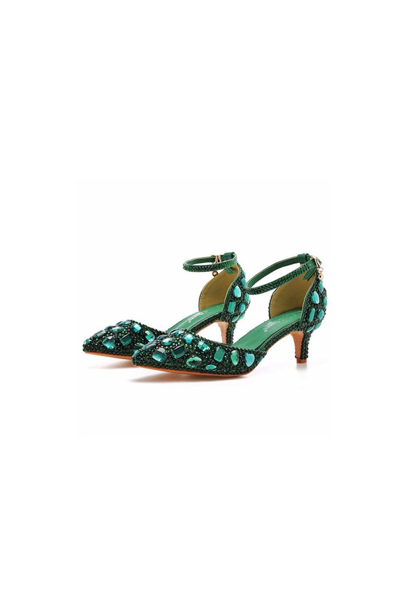 Pointed Toe Crystal Diamond  Ankle Strap Kitten Heels