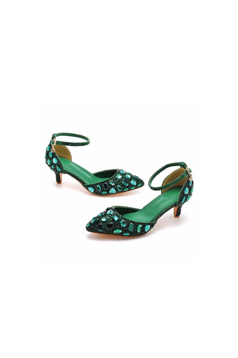 Pointed Toe Crystal Diamond  Ankle Strap Kitten Heels