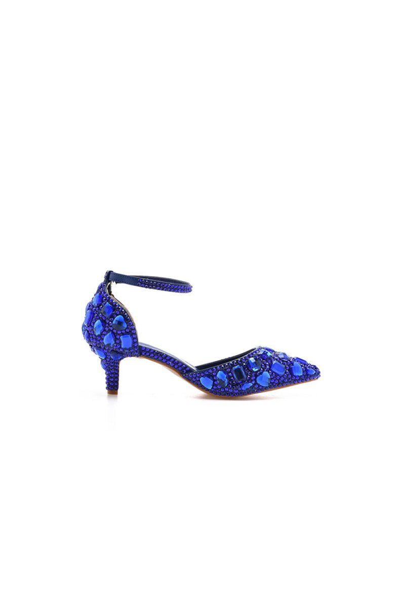 Pointed Toe Crystal Diamond  Ankle Strap Kitten Heels