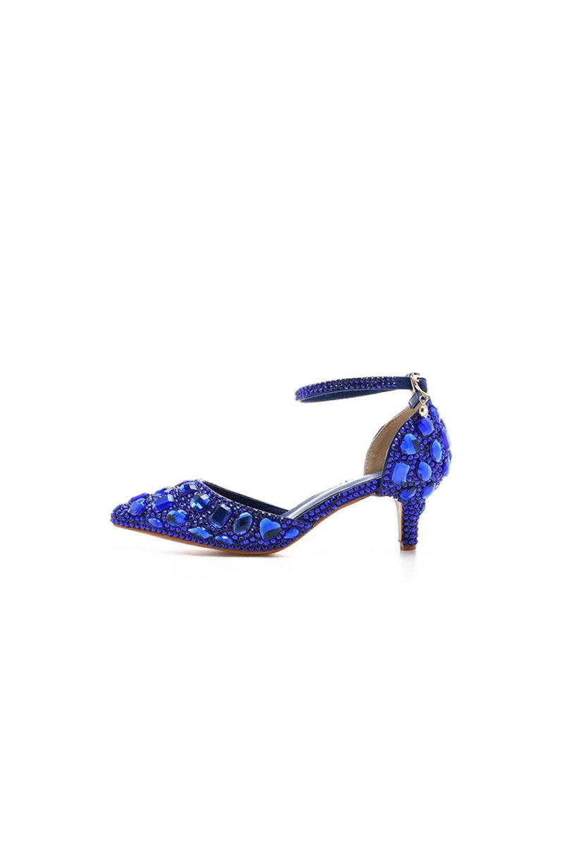 Pointed Toe Crystal Diamond  Ankle Strap Kitten Heels