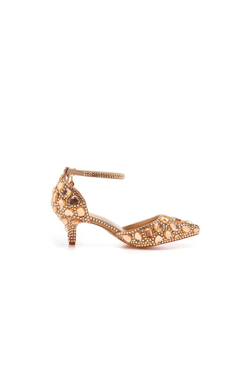 Pointed Toe Crystal Diamond  Ankle Strap Kitten Heels