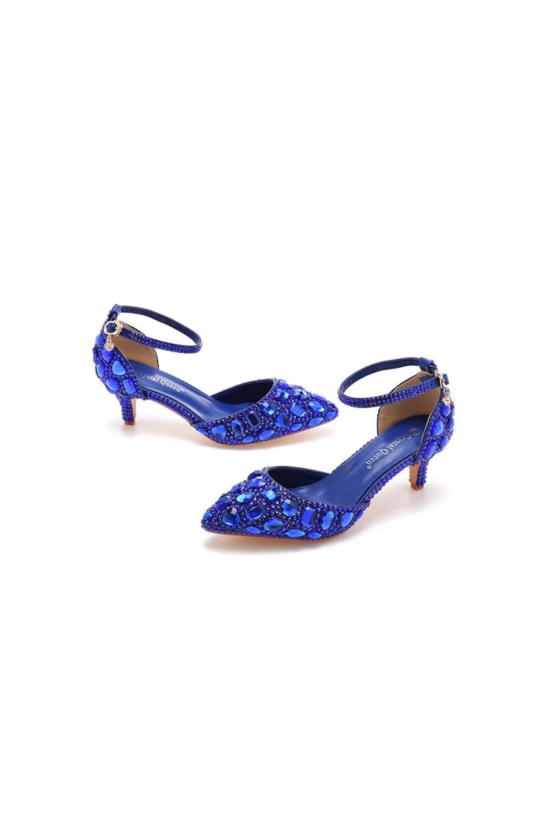 Pointed Toe Crystal Diamond  Ankle Strap Kitten Heels
