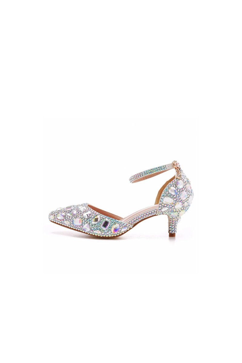 Pointed Toe Crystal Diamond  Ankle Strap Kitten Heels