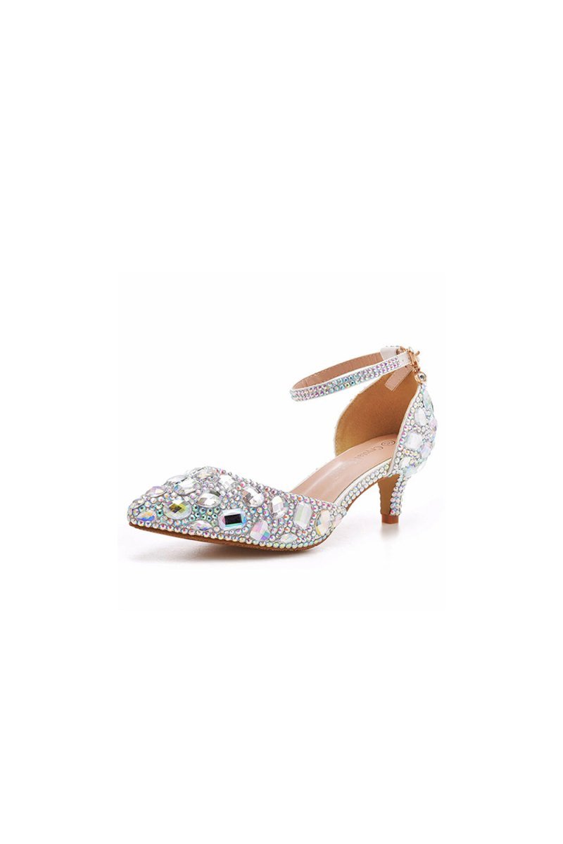 Pointed Toe Crystal Diamond Ankle Strap Kitten Heels - BOLODOO