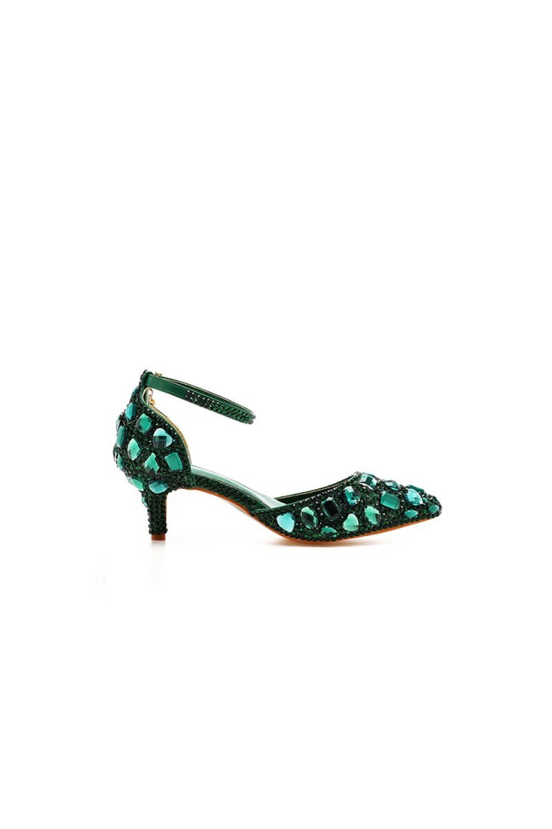 Pointed Toe Crystal Diamond  Ankle Strap Kitten Heels