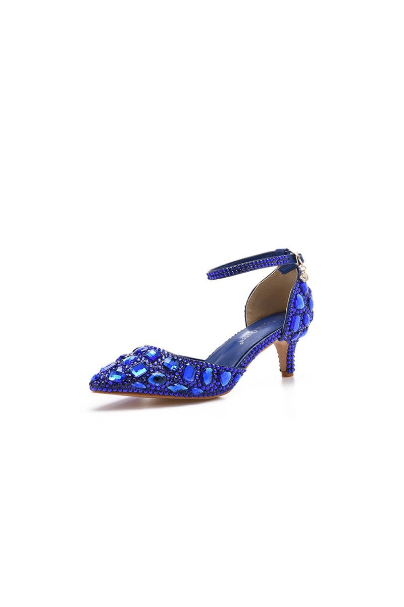 Pointed Toe Crystal Diamond Ankle Strap Kitten Heels - BOLODOO