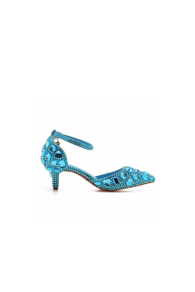 Pointed Toe Crystal Diamond Ankle Strap Kitten Heels - BOLODOO