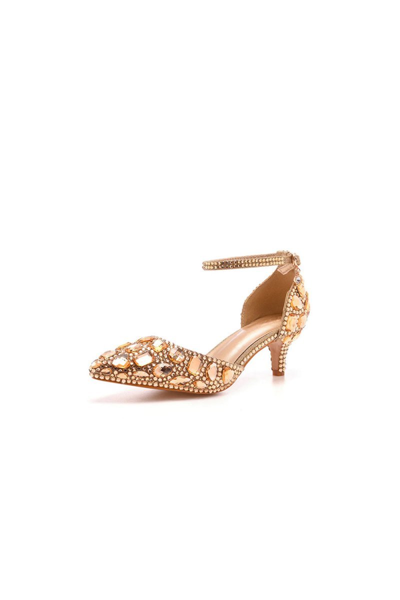 Pointed Toe Crystal Diamond Ankle Strap Kitten Heels - BOLODOO