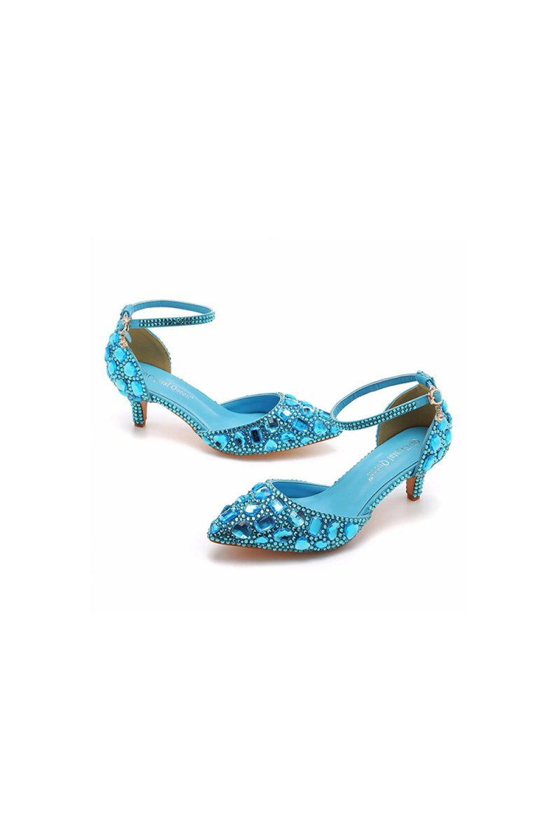 Pointed Toe Crystal Diamond  Ankle Strap Kitten Heels