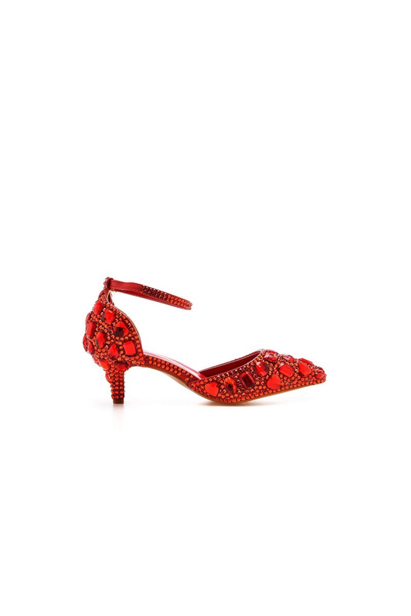 Pointed Toe Crystal Diamond  Ankle Strap Kitten Heels