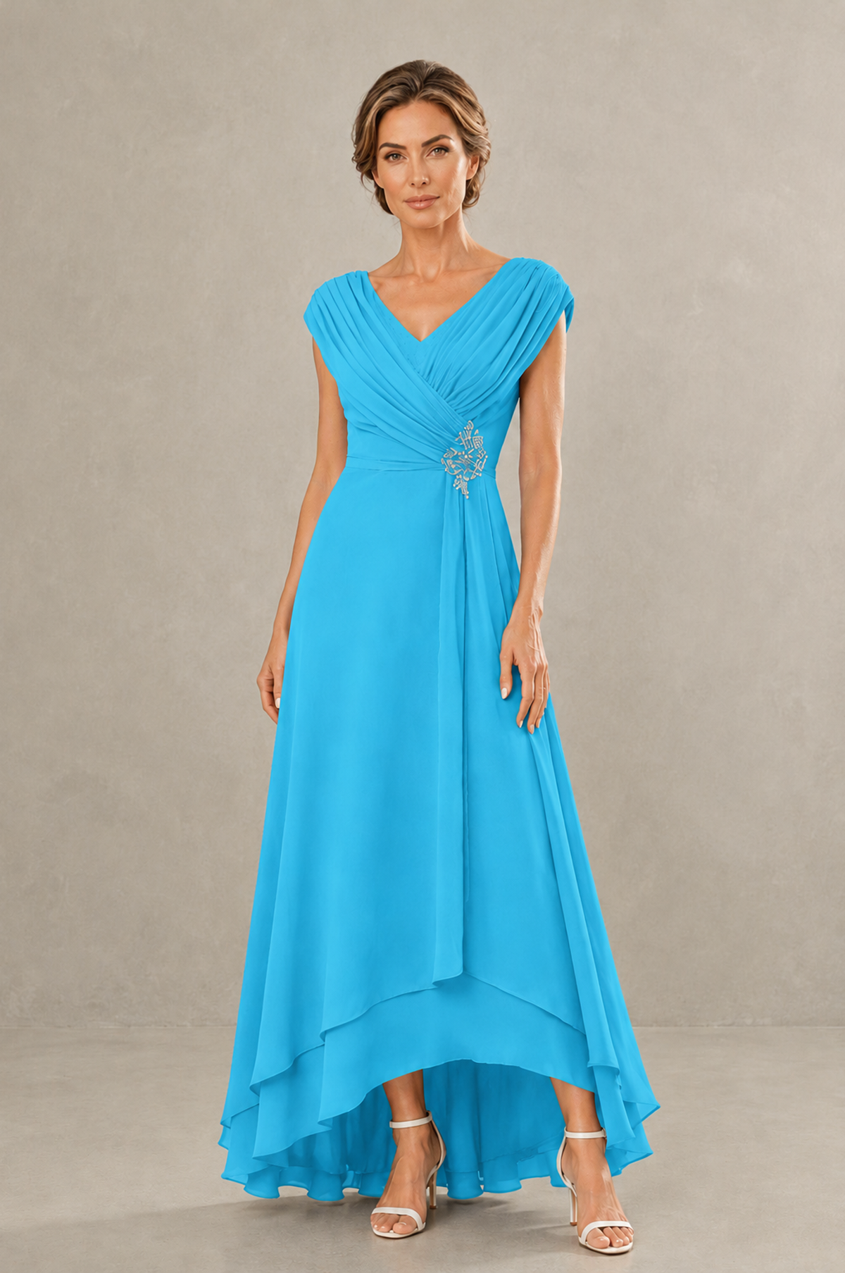 BOLODOO Pool V-Neck High-Low Mother of the Bride Dress - Pool - Pool_01