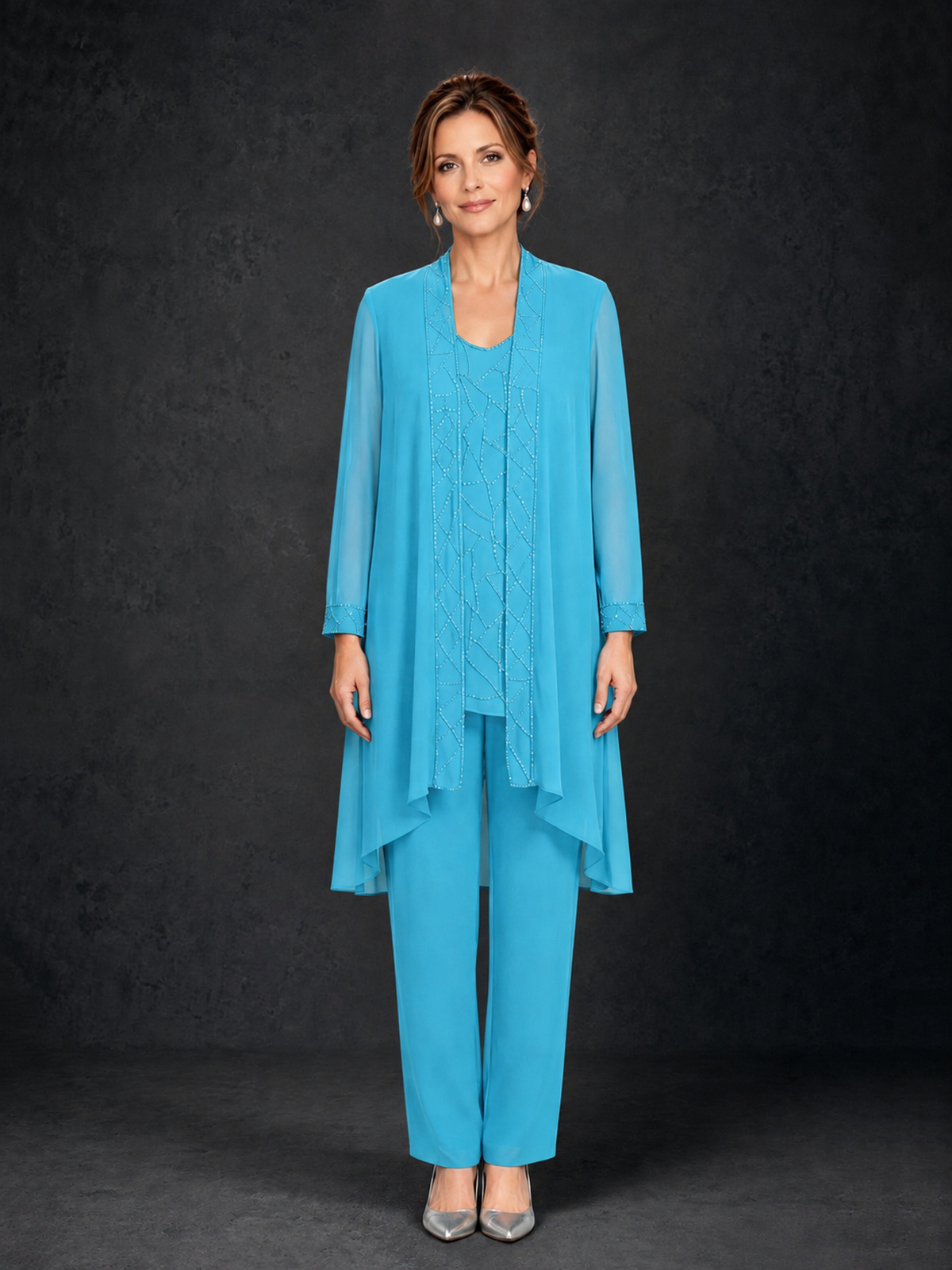 BOLODOO Pool 3-Piece Beaded Chiffon Duster Jacket Pant Suit - Pool - Pool_01
