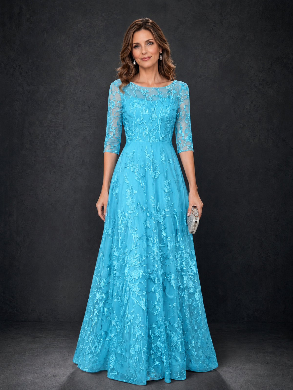 BOLODOO Pool Illusion Bateau Neck 3/4 Sleeve Floral Lace A-Line Mother of the Bride Dress MX007 - Pool - Pool_01