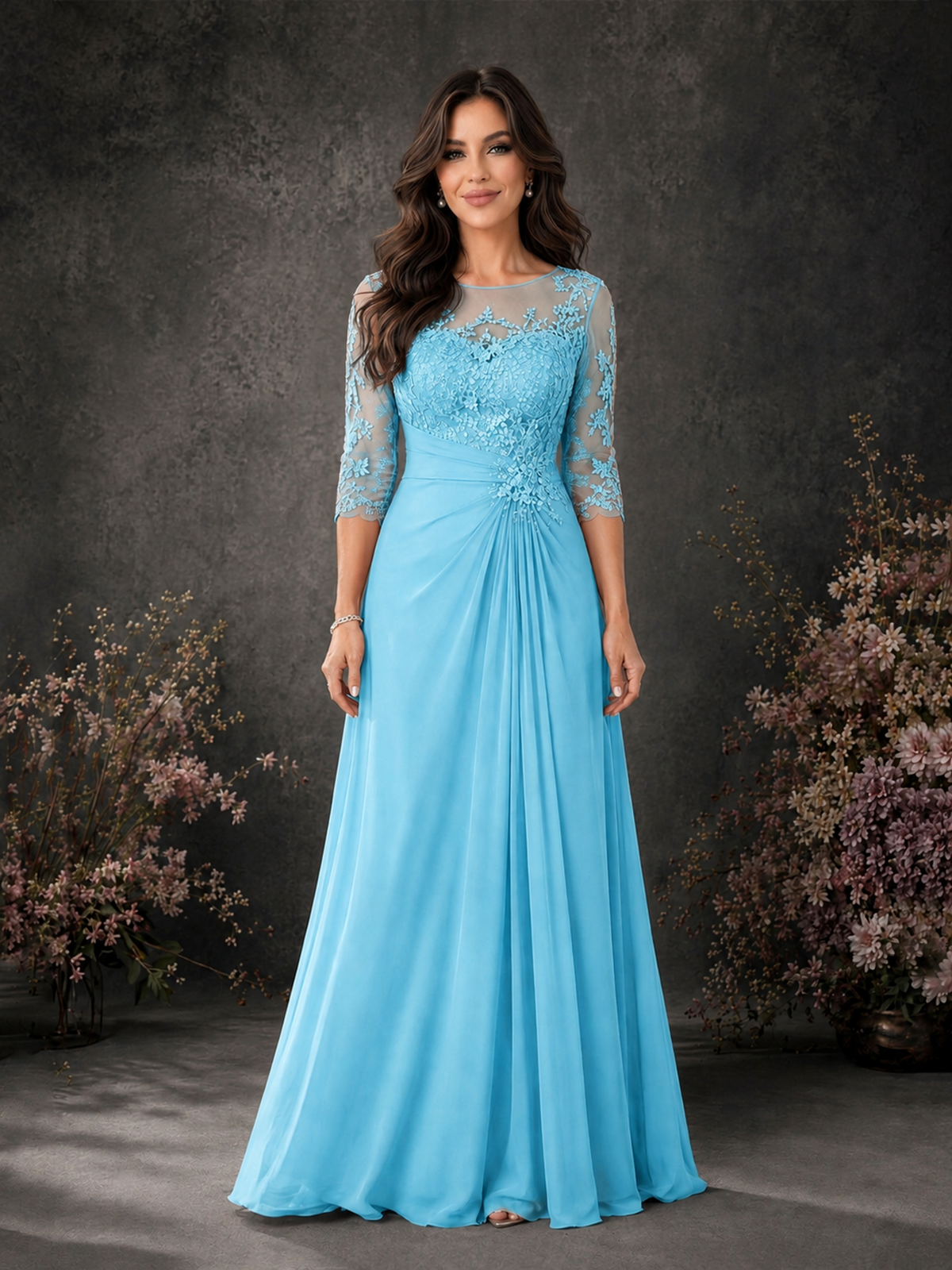 BOLODOO Pool Chiffon Lace Illusion Neckline 3/4 Sleeve Floor Length Formal Gown - Pool - Pool_01