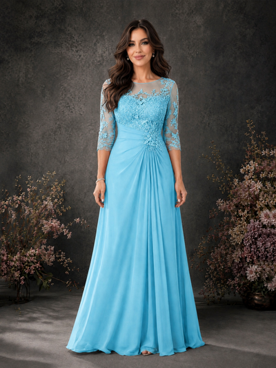 BOLODOO Pool Chiffon Lace Illusion Neckline 3/4 Sleeve Floor Length Formal Gown - Pool - Pool_01