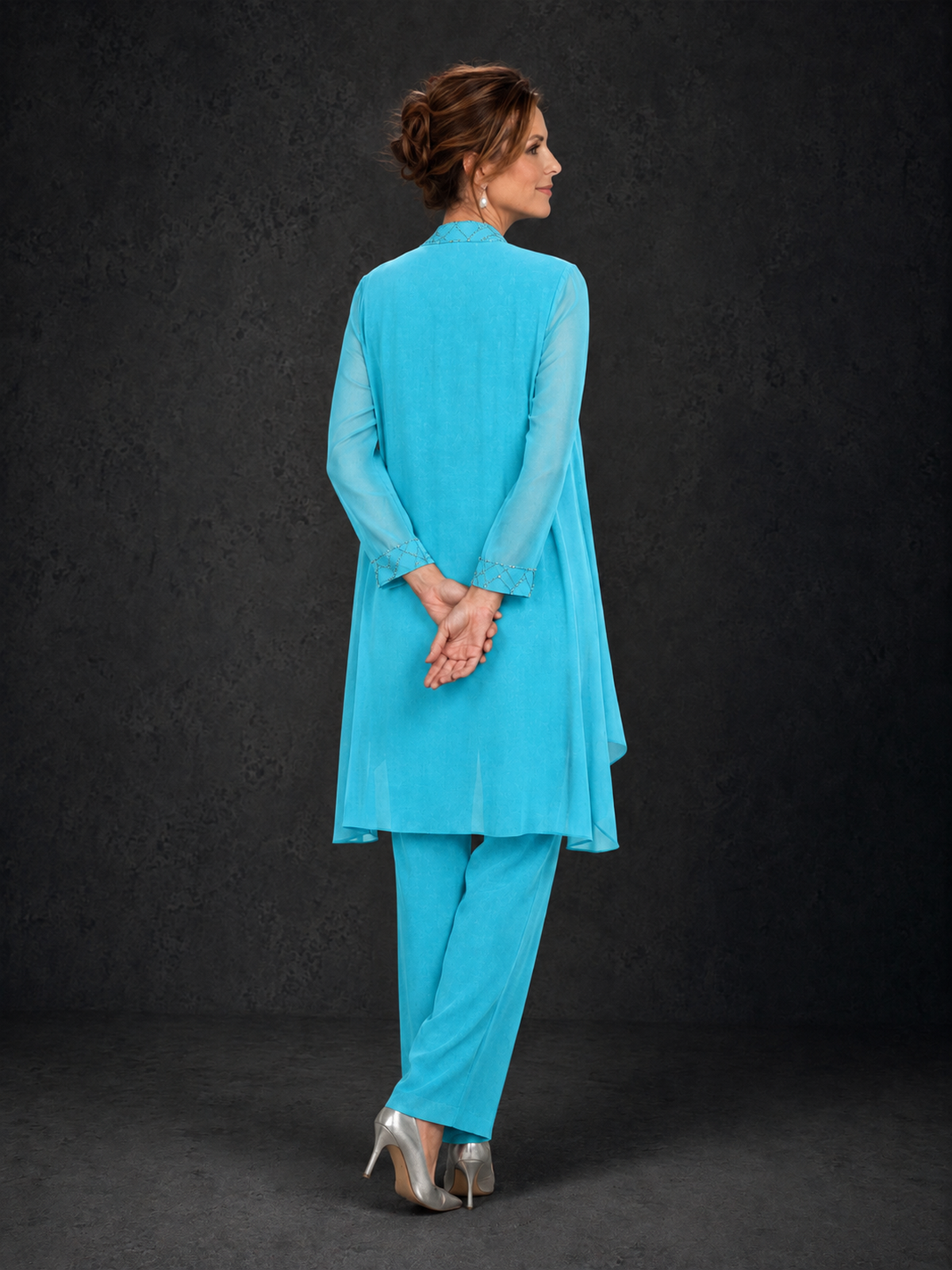 BOLODOO Pool 3-Piece Beaded Chiffon Duster Jacket Pant Suit - Pool - Pool_02