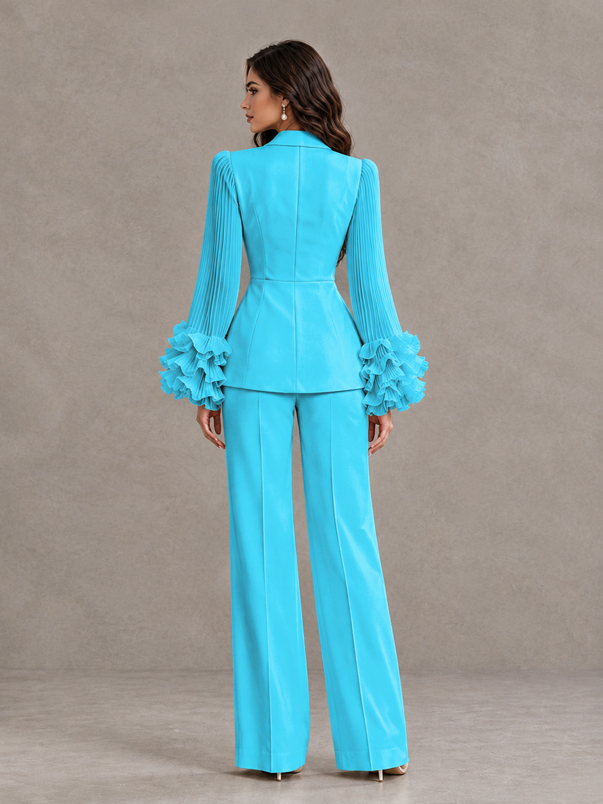 BOLODOO Pool Mother of the Bride Pant Suit – Pleated Long Sleeve Ruffle Cuff Wide Leg Trouser Suit - Pool - Pool_02