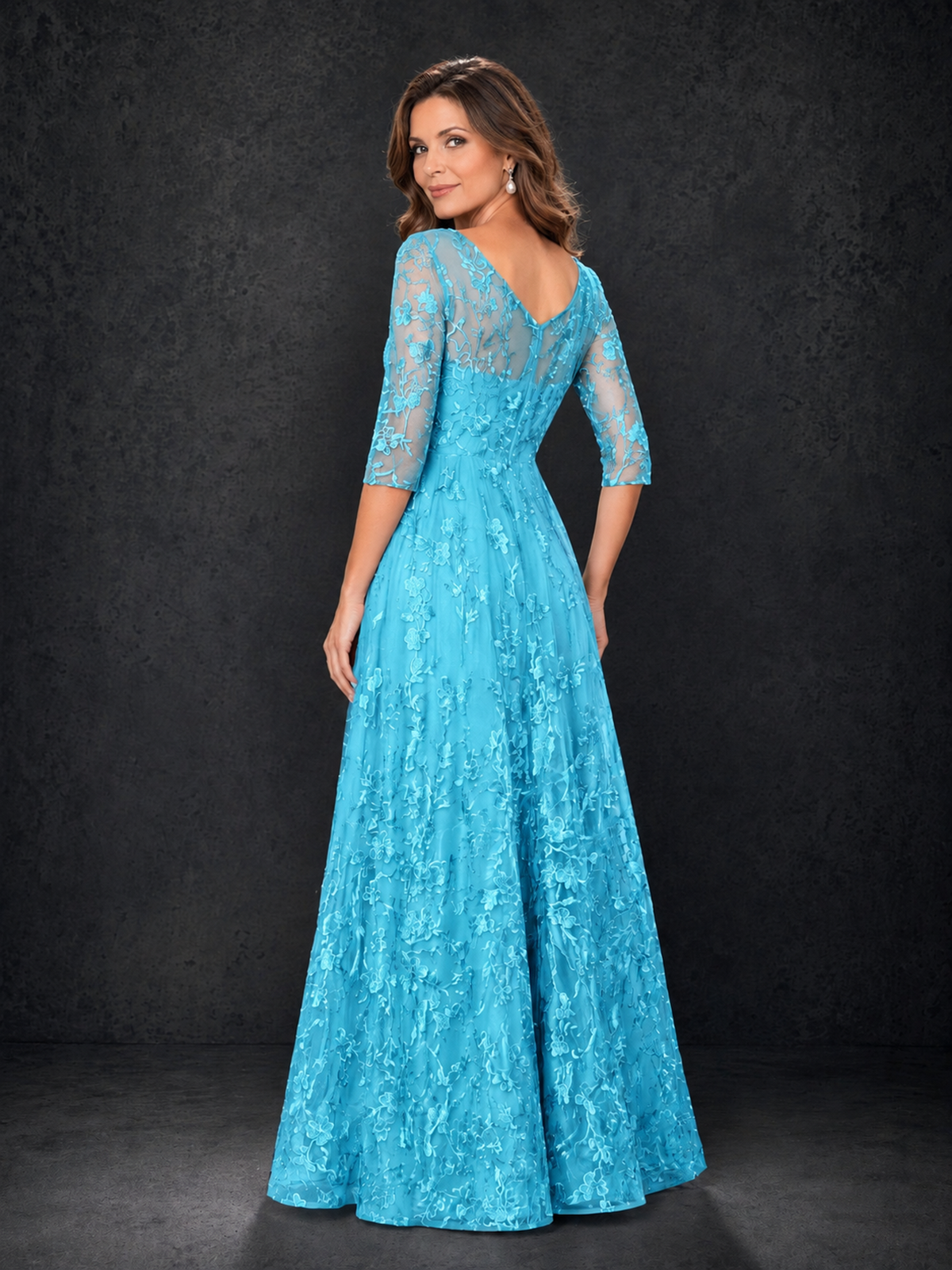 BOLODOO Pool Illusion Bateau Neck 3/4 Sleeve Floral Lace A-Line Mother of the Bride Dress MX007 - Pool - Pool_02