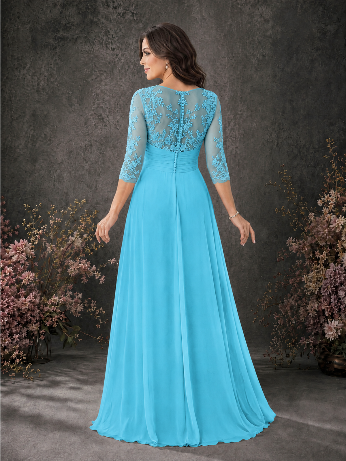 BOLODOO Pool Chiffon Lace Illusion Neckline 3/4 Sleeve Floor Length Formal Gown - Pool - Pool_02