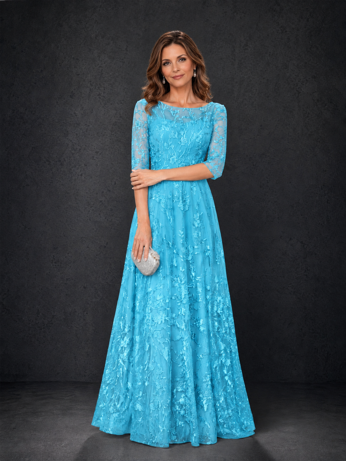 BOLODOO Pool Illusion Bateau Neck 3/4 Sleeve Floral Lace A-Line Mother of the Bride Dress MX007 - Pool - Pool_03