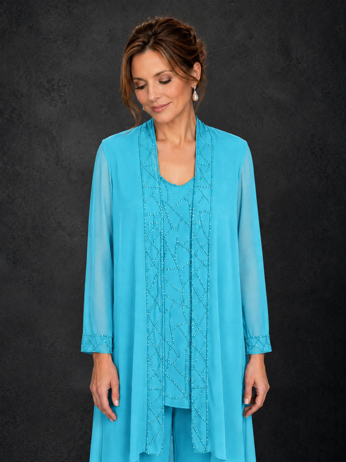 BOLODOO Pool 3-Piece Beaded Chiffon Duster Jacket Pant Suit - Pool - Pool_03