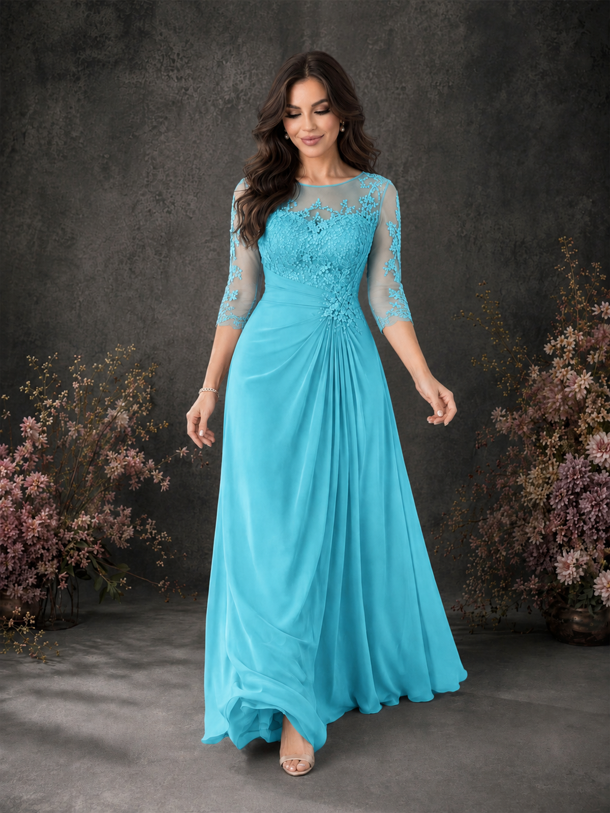 BOLODOO Pool Chiffon Lace Illusion Neckline 3/4 Sleeve Floor Length Formal Gown - Pool - Pool_03