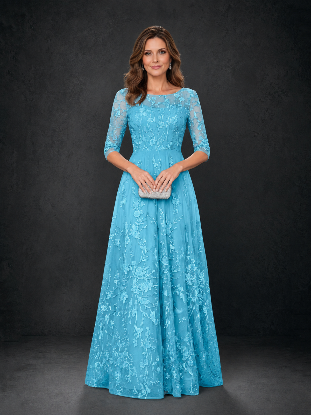 BOLODOO Pool Illusion Bateau Neck 3/4 Sleeve Floral Lace A-Line Mother of the Bride Dress MX007 - Pool - Pool_04