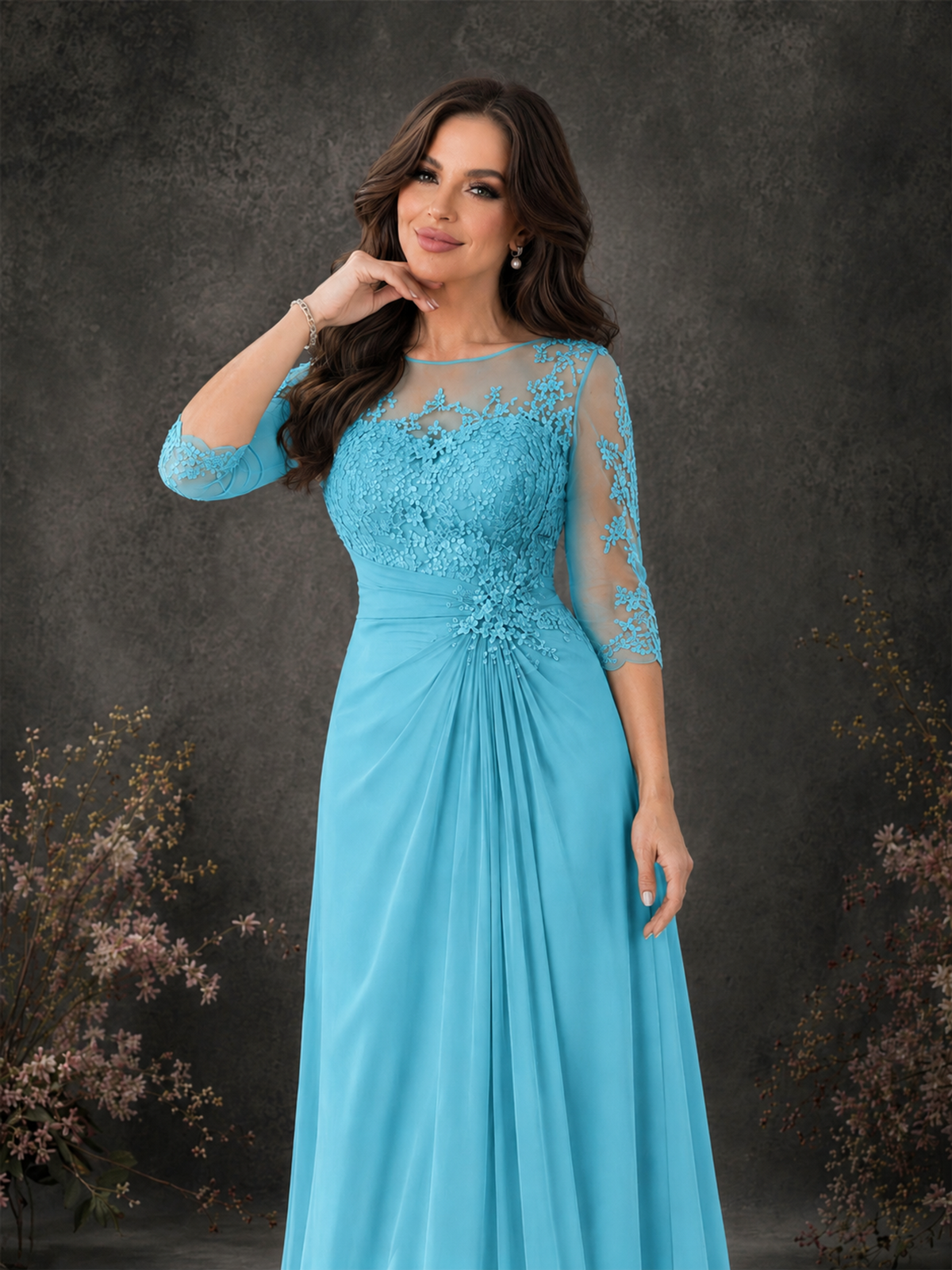 BOLODOO Pool Chiffon Lace Illusion Neckline 3/4 Sleeve Floor Length Formal Gown - Pool - Pool_04