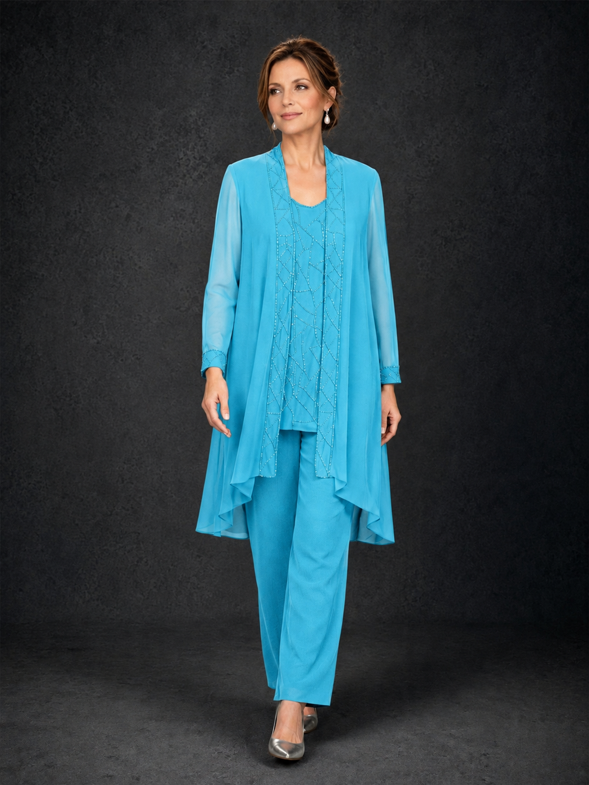BOLODOO Pool 3-Piece Beaded Chiffon Duster Jacket Pant Suit - Pool - Pool_04