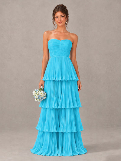 BOLODOO Pool Strapless Tiered Pleated Bridesmaid Dress - Pool - Pool_1