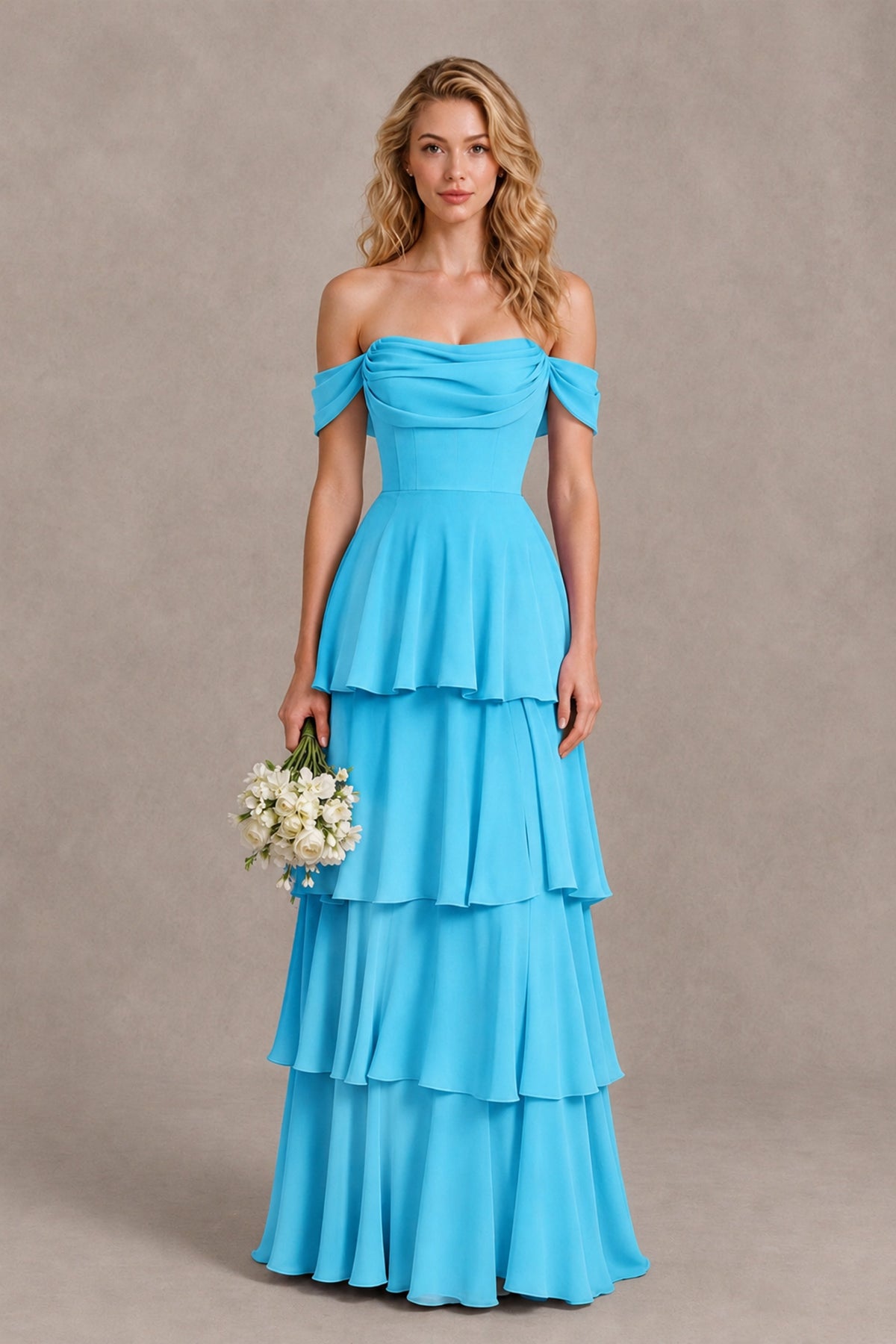 BOLODOO Pool Off-the-Shoulder Tiered A-Line Evening Bridesmaid Dress - Pool - Pool_1