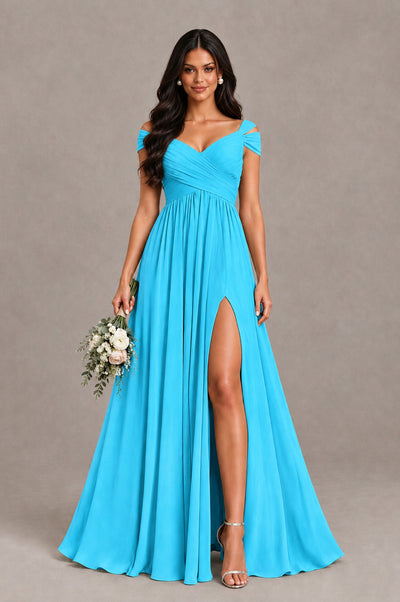 BOLODOO Pool Cold Shoulder Chiffon Evening Dress with V Neck and High Slit - Pool - Pool_1