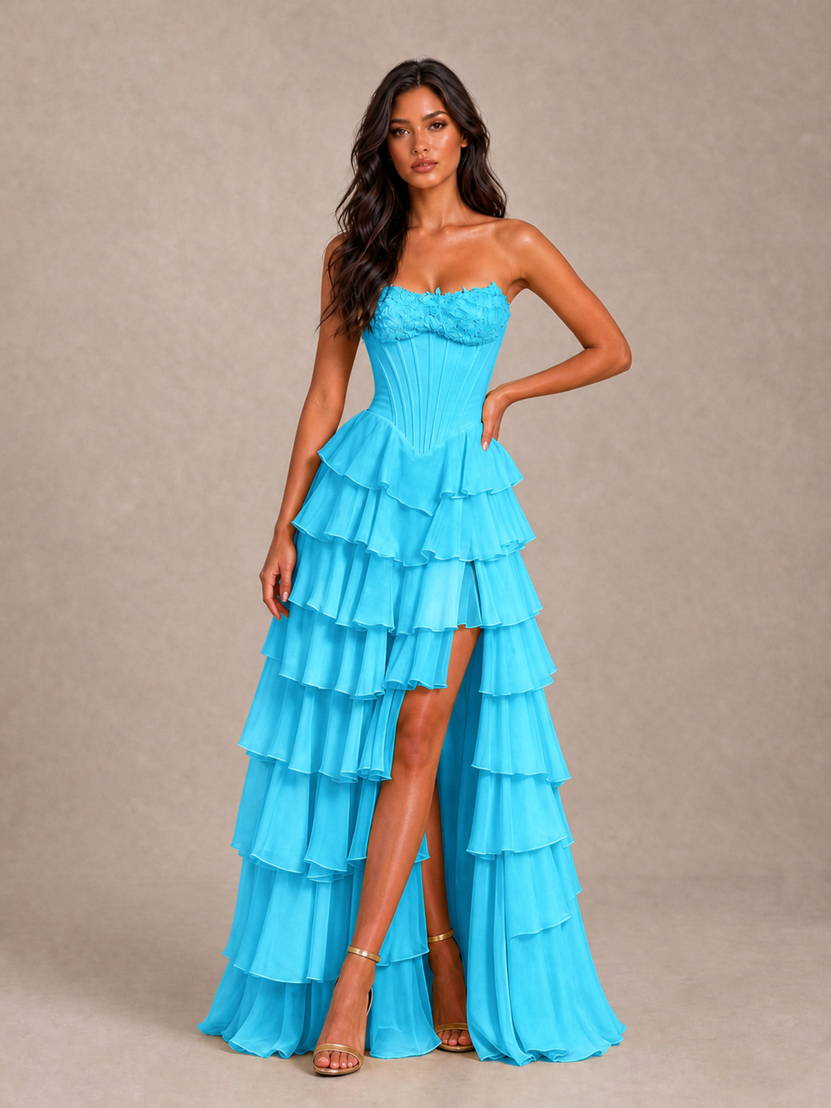 BOLODOO Pool Strapless Corset Tiered Ruffle Prom Dress with High Slit - Pool - Pool_1
