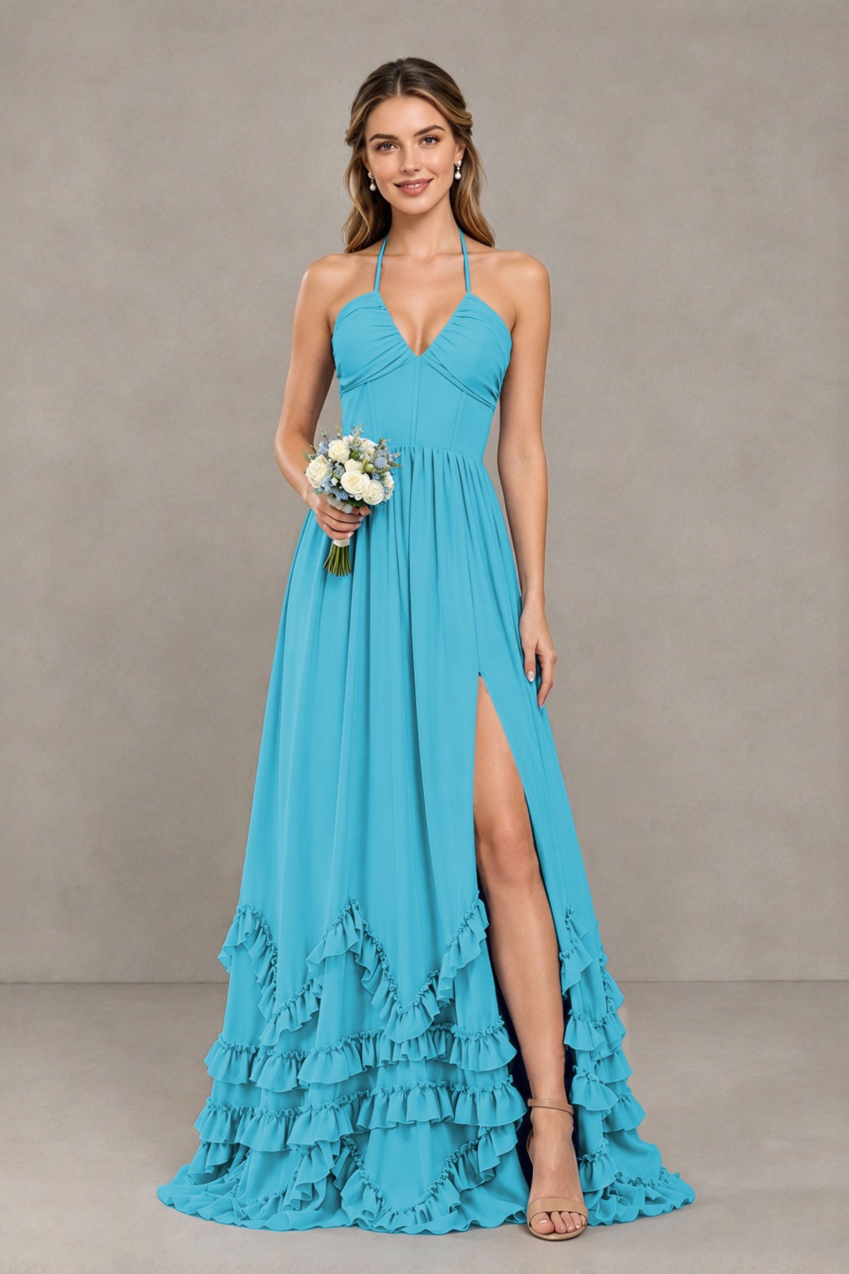 BOLODOO Pool Halter Ruffle Hem A-Line Bridesmaid Dress with High Slit - Pool - Pool(1)